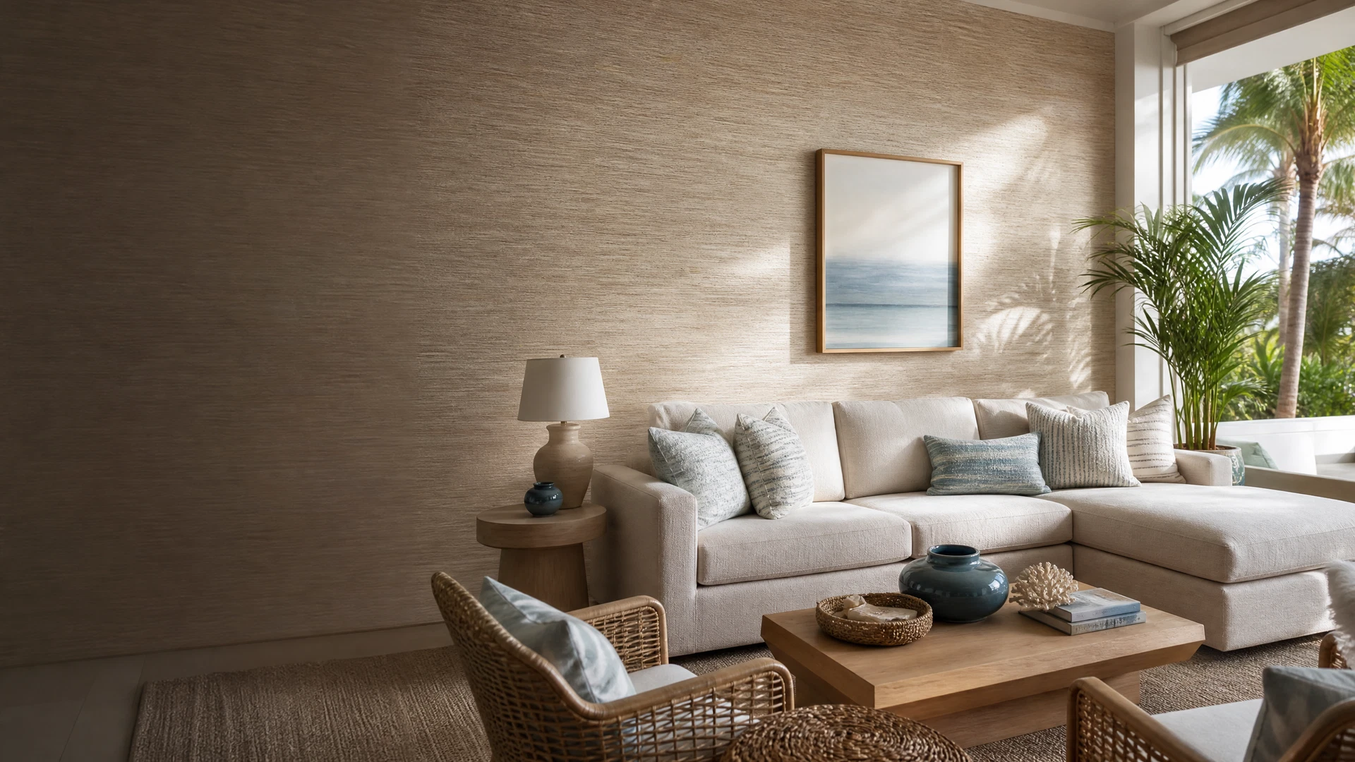 Sunlit coastal living room featuring textured wallpaper and pale oak furniture