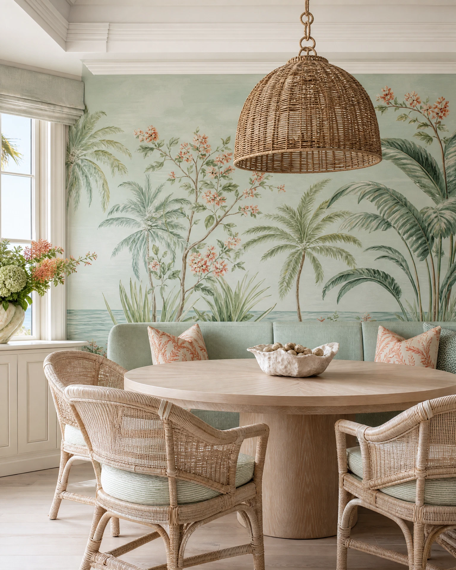 Botanical wallpaper in a coastal Palm Beach dining nook