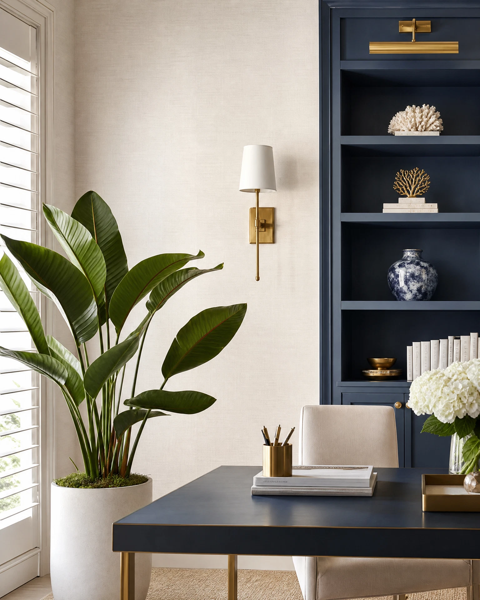 Linen texture wallpaper in a blue-accented office