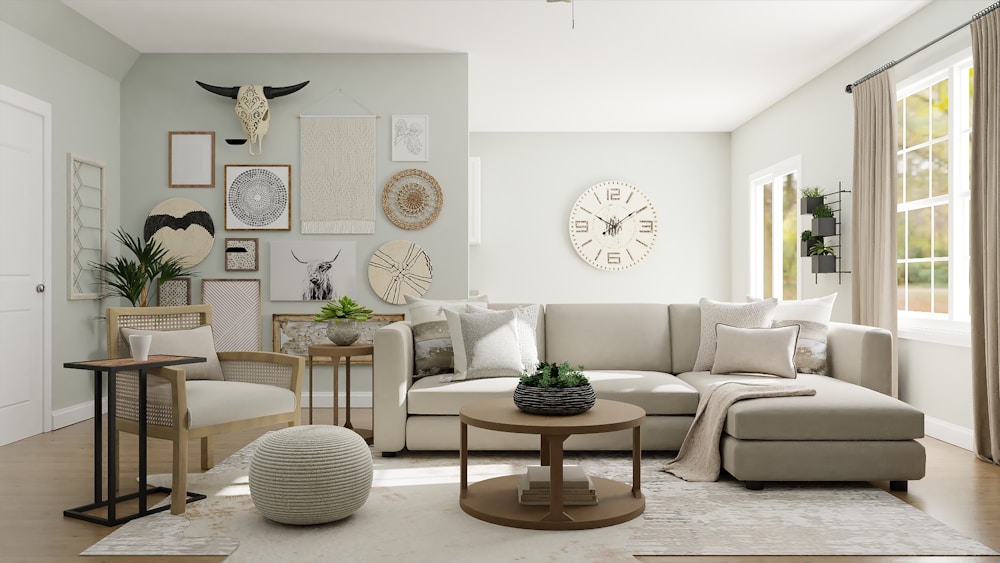 Textured grasscloth wallpaper in a layered living room